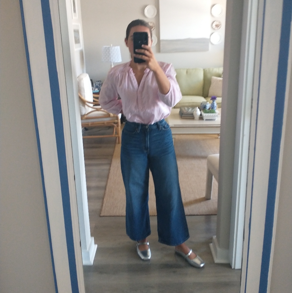 Pink Swissdot Button Down With Ruffle Collar 3/4 Sleeve Top